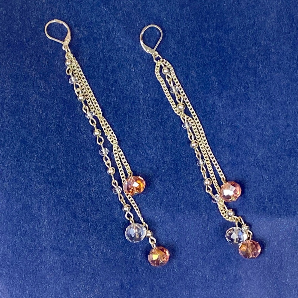 Earrings dangle silver tone chain beads long pierced pink iridescent costume